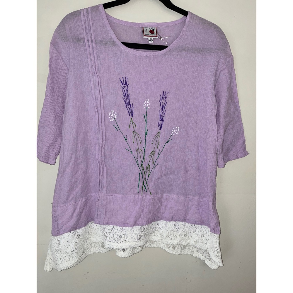 Lady Jane Blouse Womens XXS Lavender Floral Embroidered Lace Trim Crinkle Top